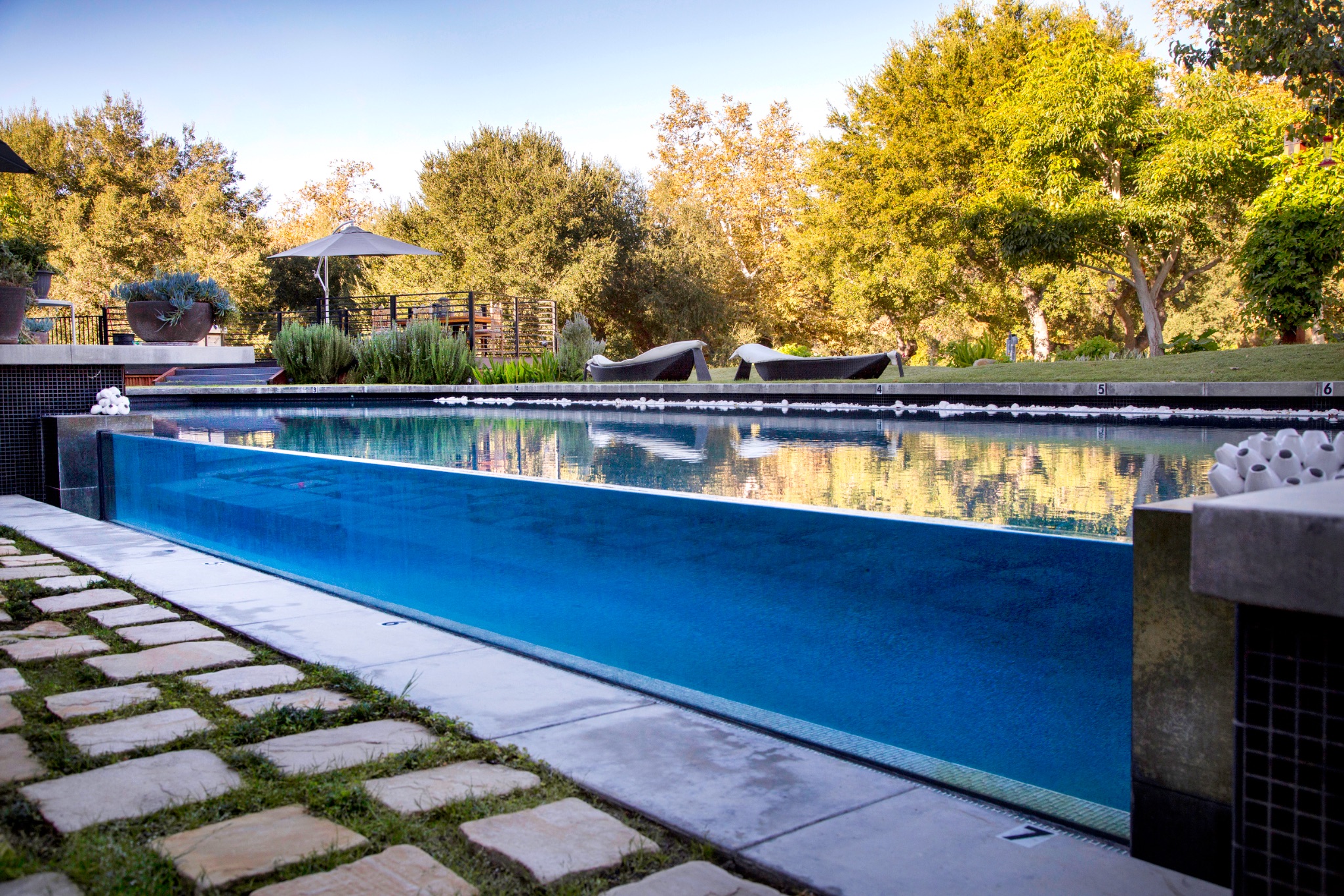 Glass-walled infinity pool with landscaped garden setting